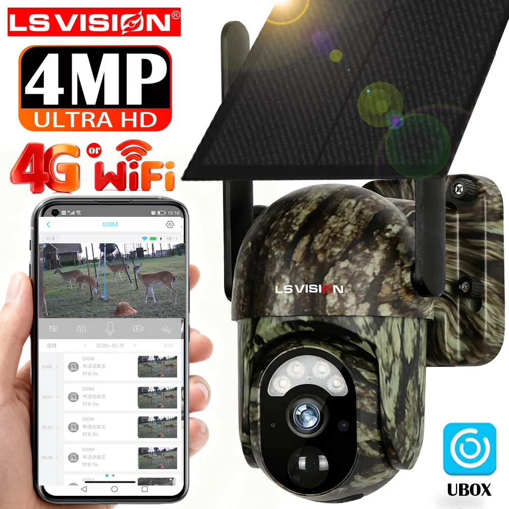 LS VISION 4G SIM Solar Trail Camera 2K Outdoor WiFi Hunting Wildlife Camera Auto Tracking PIR Detection Color Night Vision UBOX 1