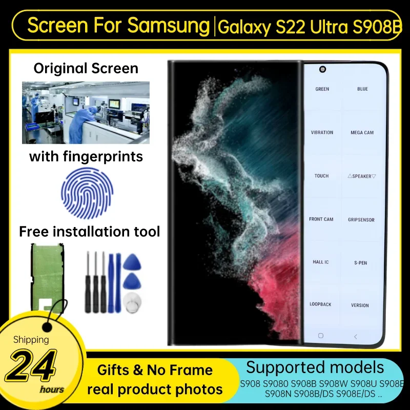 

Original AMOLED For Samsung Galaxy S22 Ultra 5G LCD Display S908B S908U SM-S908B/DS S908E Touch Screen Digitizer Repair Assembly