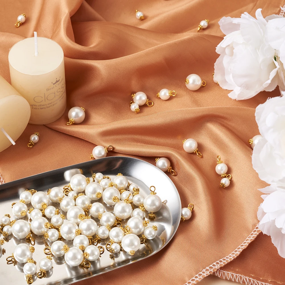 80Pcs Round Glass Pearl Beads Charms Pendants with Alloy Daisy Spacer For Bracelet Necklace Earring DIY Jewelry Making Supplies