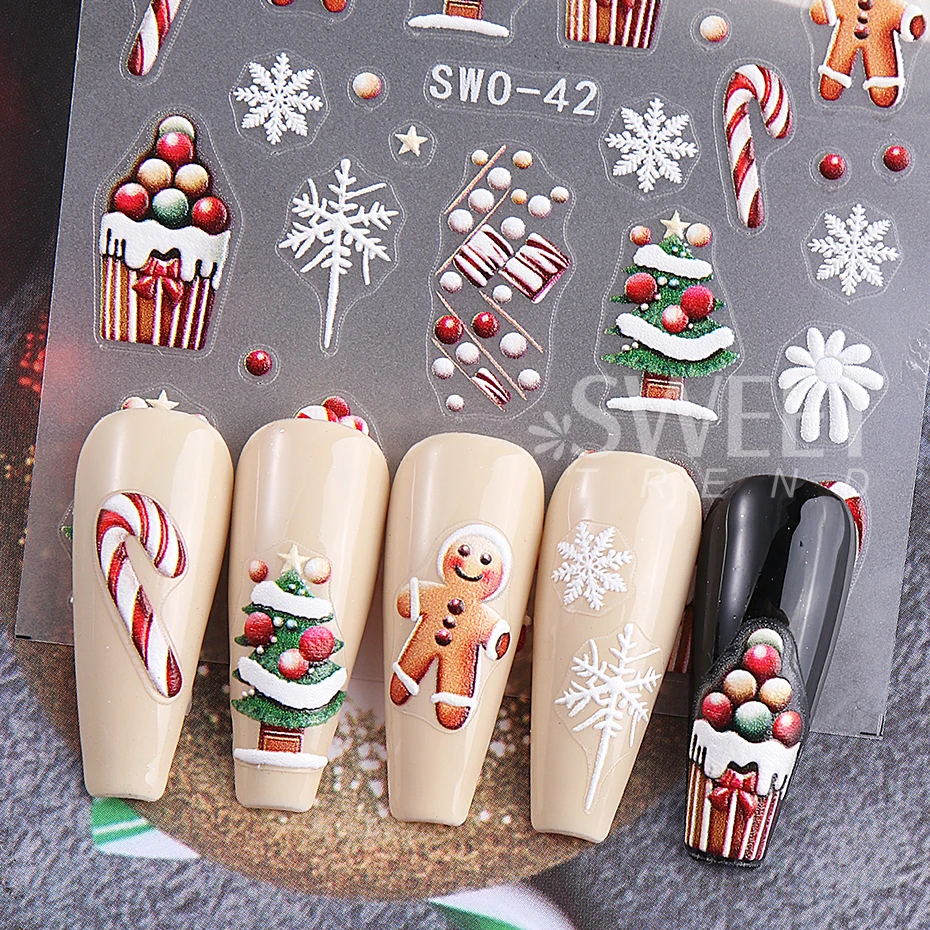 2/3pcs Christmas Embossed Nail Stickers Snowman Gingerbread Man Snowflake Gloves Nail Decals Winter DIY Nail Supplies Decoration