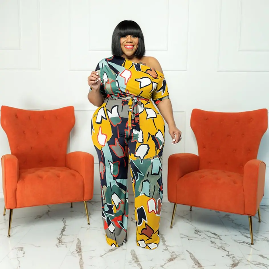Plus Size Summer Woman Jumpsuits Belt Print One Piece Outfit Fashion One Shoulder Club Jumpsuits 2022 Lady Loose Pants Wholesale