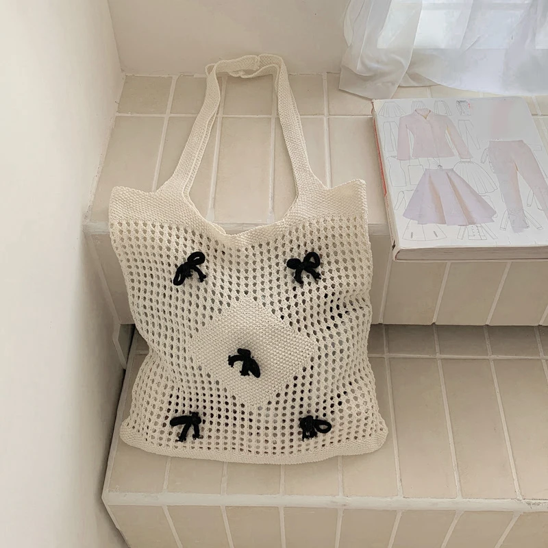 Cute Bow-Knot Pattern Crochet Shoulder Bag Hollow Underarm Bag Mesh Holiday Travel Handbag Summer Beach Handbag for Women