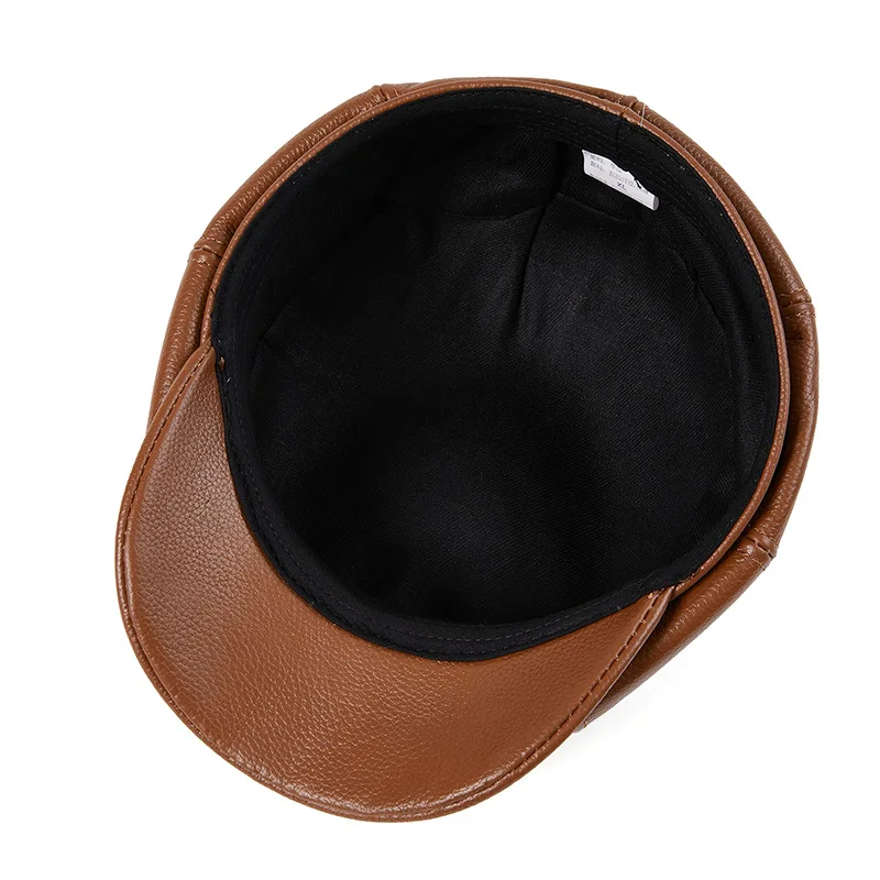 Cowhide Genuine Leather Retro Brown Men's Warm Cap - Spring/Winter Beret Style