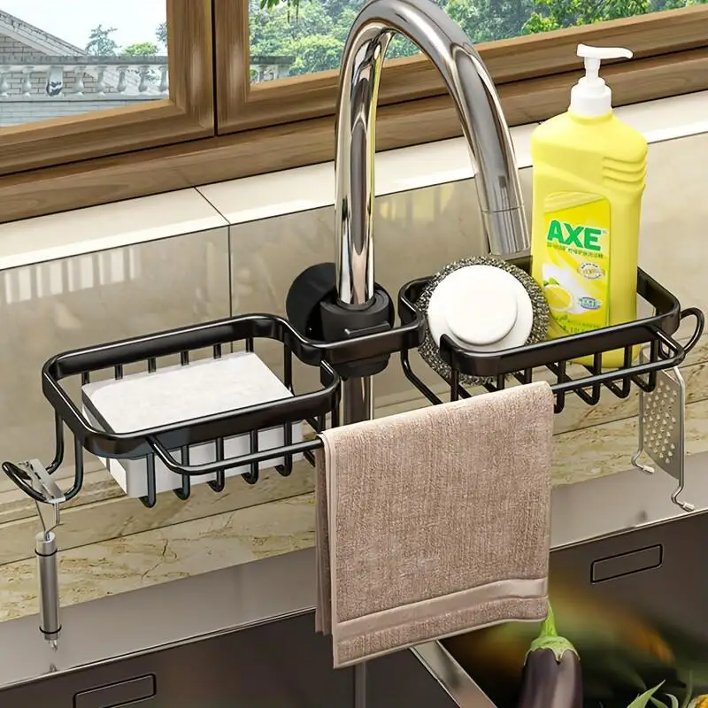 Kitchen Storage Rack Free Stamping Space Aluminium Kitchen Sink Drainage Rack Household Sponge Tap Drainage Hanging Basket Sink 5