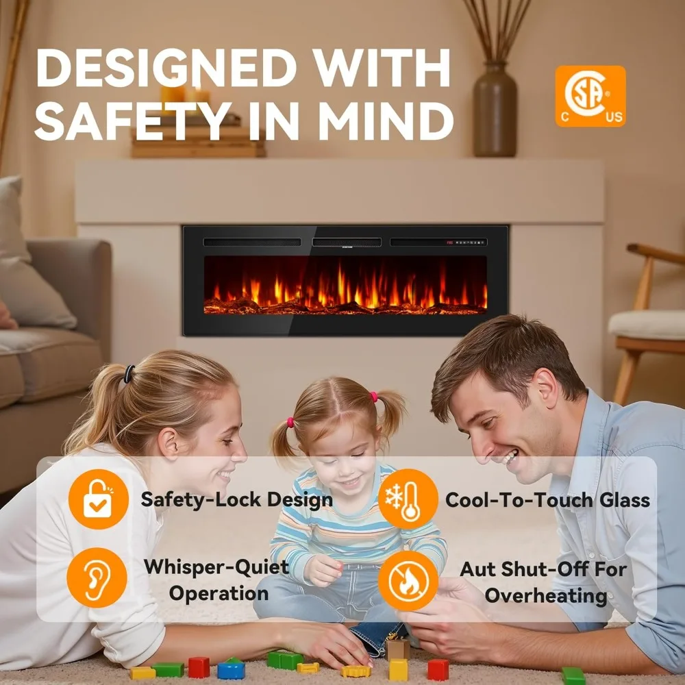 Electric Fireplace 60 Inches, Floating Wall Faux Fireplace Electric with Realistic Flames Ultra-Thin Fire Place Heater 5