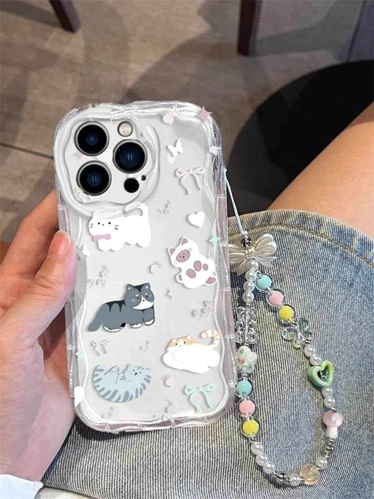 Charming Cat Bow Wrist Chain Clear Soft Phone Case