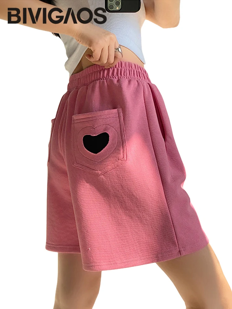 BIVIGAOS Women Summer Cotton Pink Sports Shorts Love Heart Shape Pocket High Waist Straight Loose Casual Shorts Drawstring Short