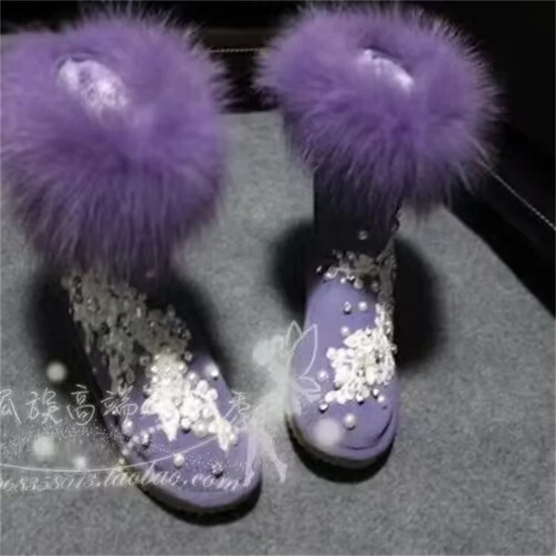 

Fox hair boots Pearl winter plus fleece warm boots rhinodrill hand custom fur one-piece boots women's large size 35-44