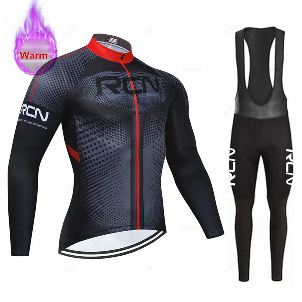 RVOUEI Thermal Fleece Cycling Jersey Set Team Winter, Racing Bike Suit, Mountain Bicycle Clothing, Ropa Maillot Ciclismo Hombre