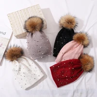CNTANG Women Wool Knitted Hats Winter Warm Fashion Decorative Pearl Beanies Natural Raccoon Fur Pompom Hat Ladies Casual Cap 1