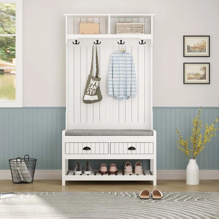 Wide Hall Tree with Cushion Bench Shoe Storage Includes Two Display Cubbies and A Coat Rack with 4 Hooks Hall Trees Shoe Bench
