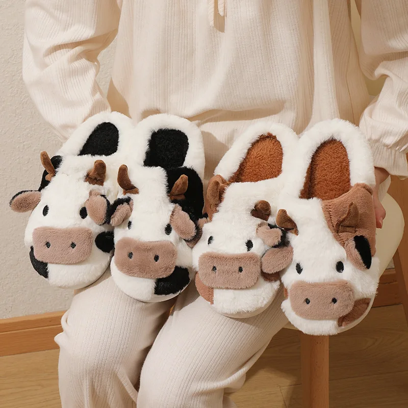 

Cute Animal Slipper for Women's Men Fashion Kawaii Fluffy Winter Warm Slipper Couples Cartoon Milk Cow House Slides Funny Shoes