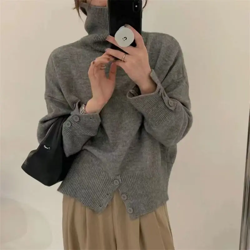 

Fashion Turtleneck Vintage Knit Sweater Women Korean Fashion Oversized Basic Solid Crewneck Jumper Elegant Top XC054