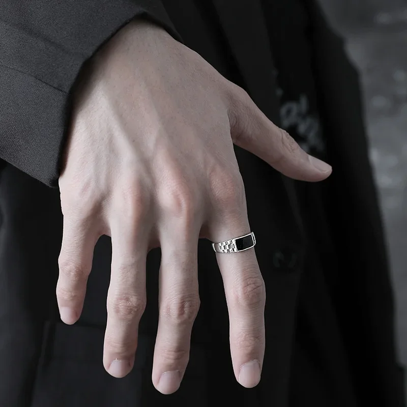Silver Rings Silver Ring Wedding Rings Crystal Black Rectangle Ring Male Wedding Finger Accessories Classic Square Ring 925 Men Jewelry Adjustable