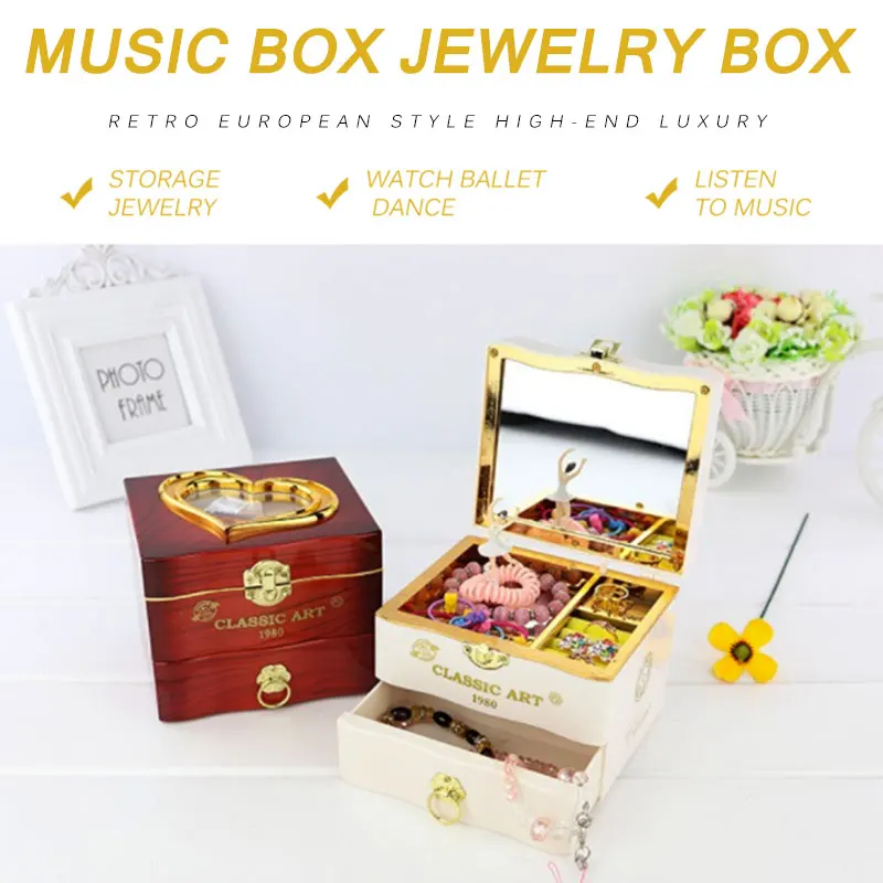 Dancing Ballerina Music Box For Kid Retro Craft Engraved Wooden Jewelry Storage Organizer With Mirror Great Gift For Birthday