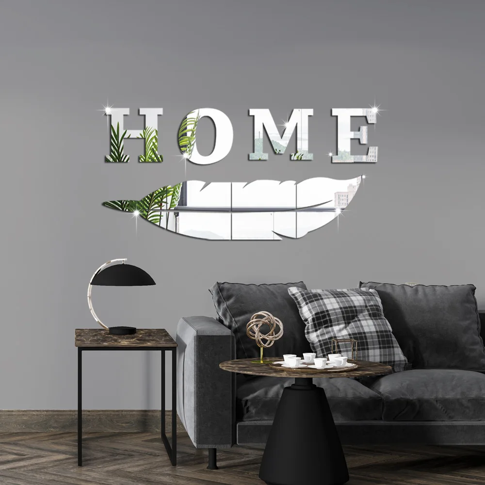 3D English Letter Feather Mirror Paste Decoration Room Porch Living Room Background Wall Mirrors Modern Home Decoration mirror wall sticker