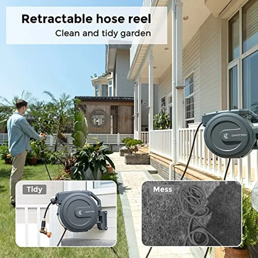 Giraffe Tools Garden Hose Reel Retractable 100ft x 1/2 with 9