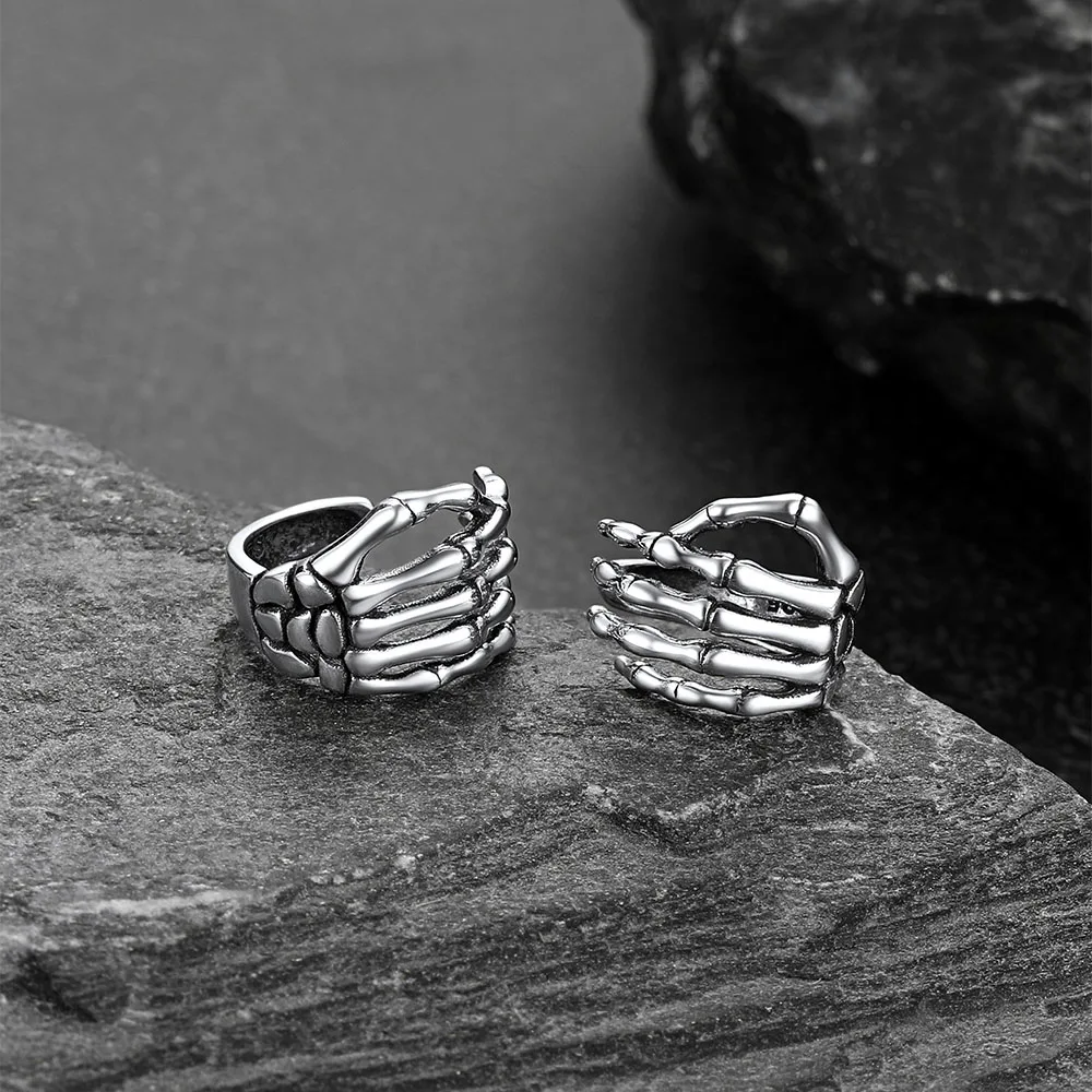 U7 925 Sterling Silver Skeleton Hand Ear Cuff Non Piercing Earrings Hollloween Punk Gothic Anitique Silver Unisex Jewelry Gift