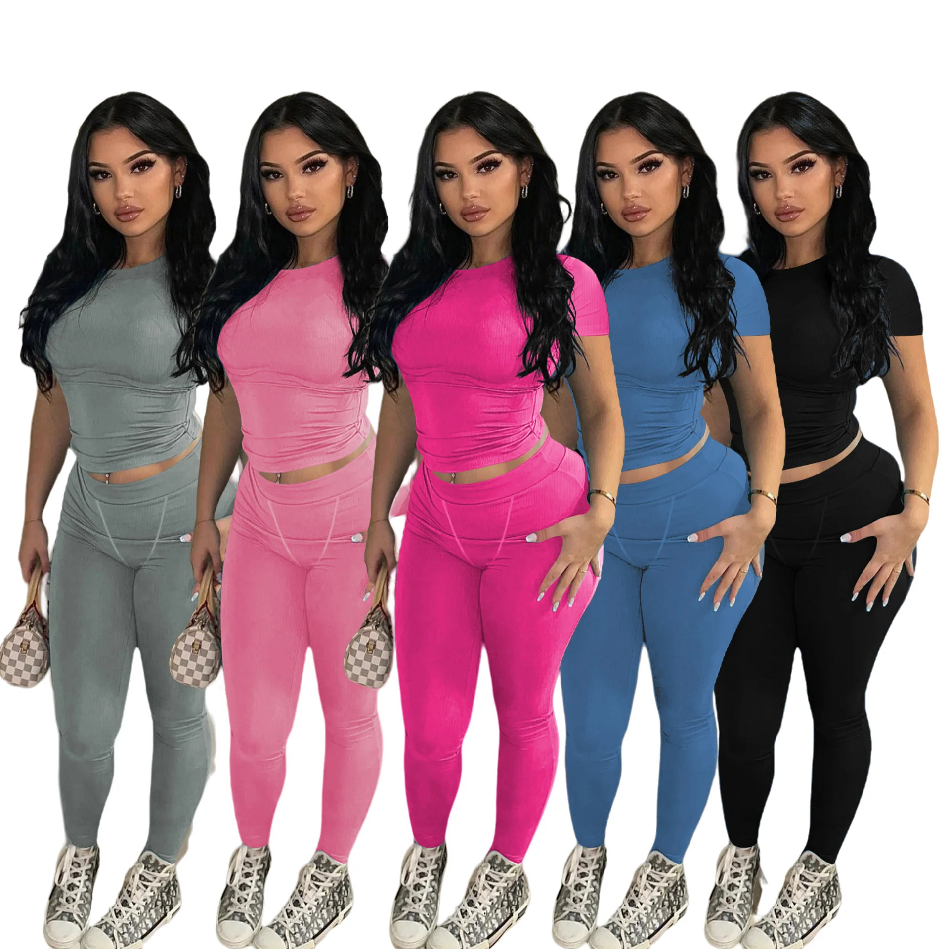 

Women Set Two Piece Pants Set Short Sleeve Plain Skinny Stretchy Lounge Wear Women Ribbed Top And Leggings Sets Jogger Suits