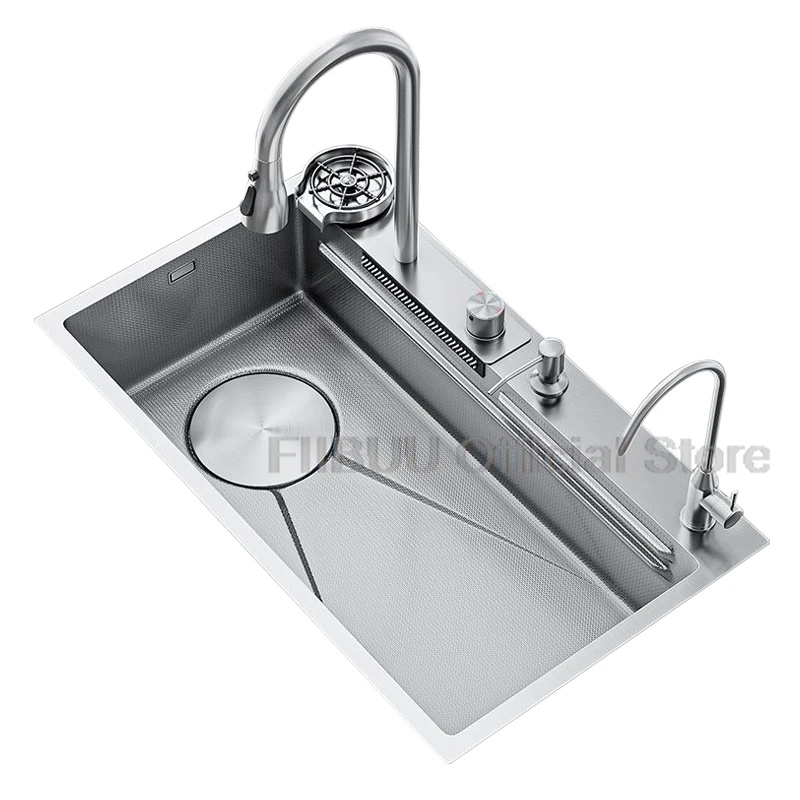 Large Capacity Multifunctional Kitchen Sink Honeycomb Embossing Vegetable Workstation With Waterfall Faucet Drain Accessories