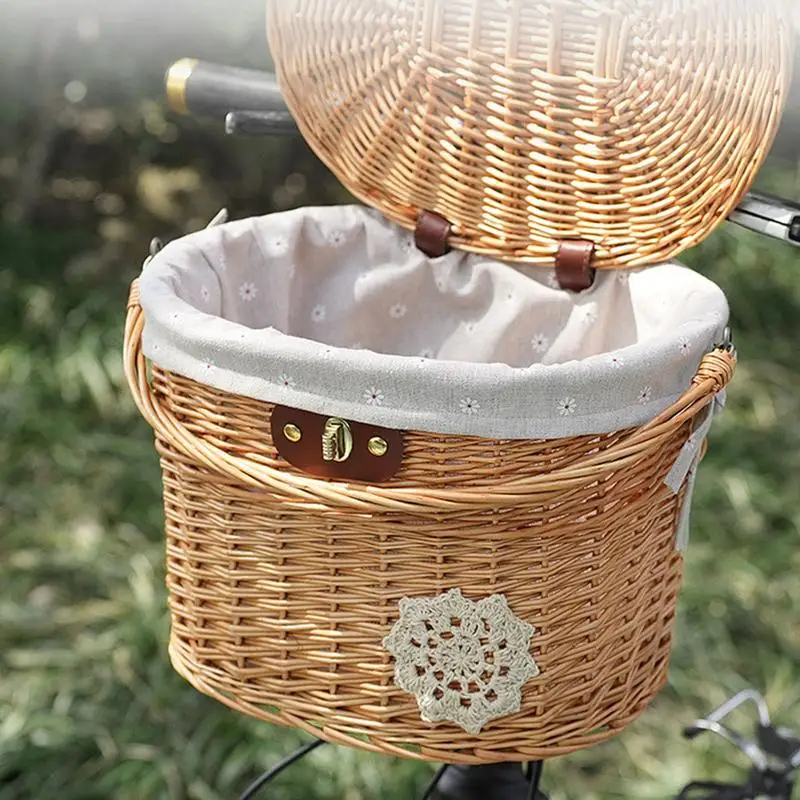 

Bikes Basket Front Wicker Woven Bicycle Handlebar Basket Front Basket With Liner Beach Cruiser Basket With Cover And Leather