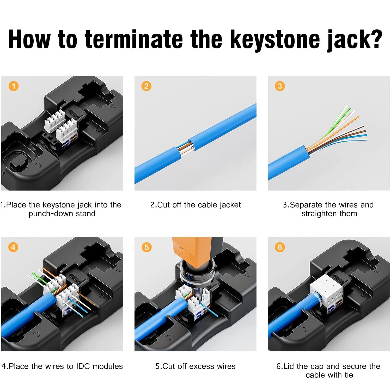 ZoeRax-Cat6 Keystone Jack e Keystone, Punch-Down Stand, UTP Modular Ethernet Jack Insert, 90 graus preto, RJ45