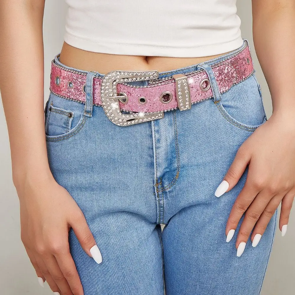 

Bling Crystal Rhinestone Belt Fashion PU Leather Studded Waistband Cowgirl Adjustable Waist Belt Women