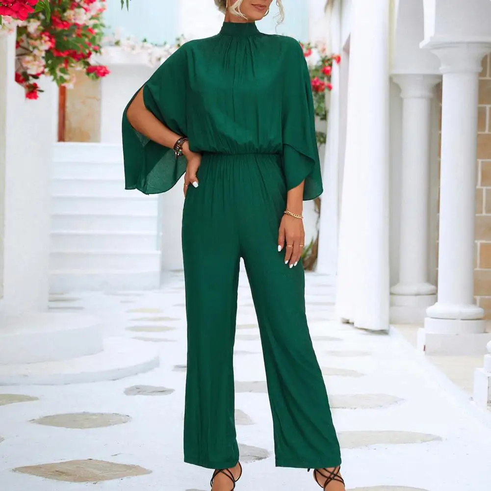 

Women Loose Jumpsuit Elegant Women's Split Batwing Sleeve Jumpsuit High Waist Stand Collar Wide Leg for Prom Banquets Commuting