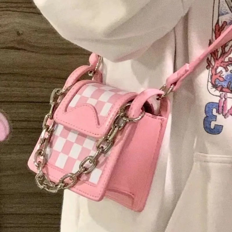 MBTI Pink Cinnamoroll Shoulder Bag for Women Small Plaid Sweet Designer Handbag Square Summer Leather Female 2024 New Coin Purse