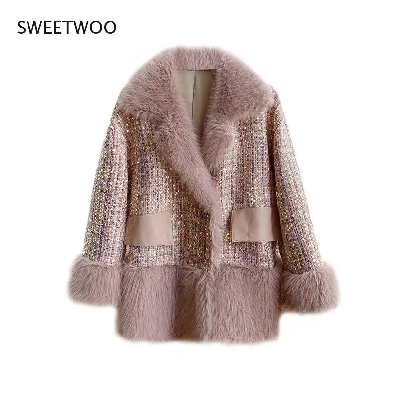 2022 Winter New Women's Fashion Sequined Woolen Blended Faux Fur Coat Long-Sleeved Loose Coat Women Streetwear