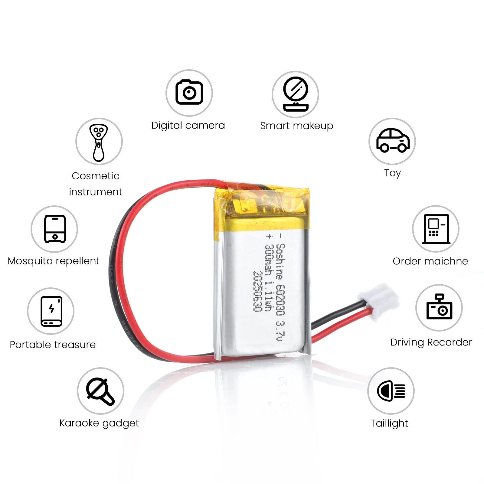 602030 300mAh Lithium Rechargeable Battery 3.7V Li-ion Polymer, for Bluetooth Headset Speaker Monitor Self-Timer