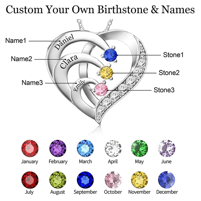 Collier personnalisé avec nom et pierres de naissance, collier de promesse personnalisé, pendentif cœur avec noms gravés, cadeaux de bijoux de Noël