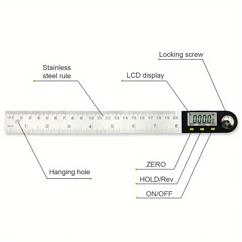 200mm Electronic Protractor Stainless Steel Digital Angle Ruler Inclinometer Angle Finder Digital Angle Gauge Measuring Ruler 6
