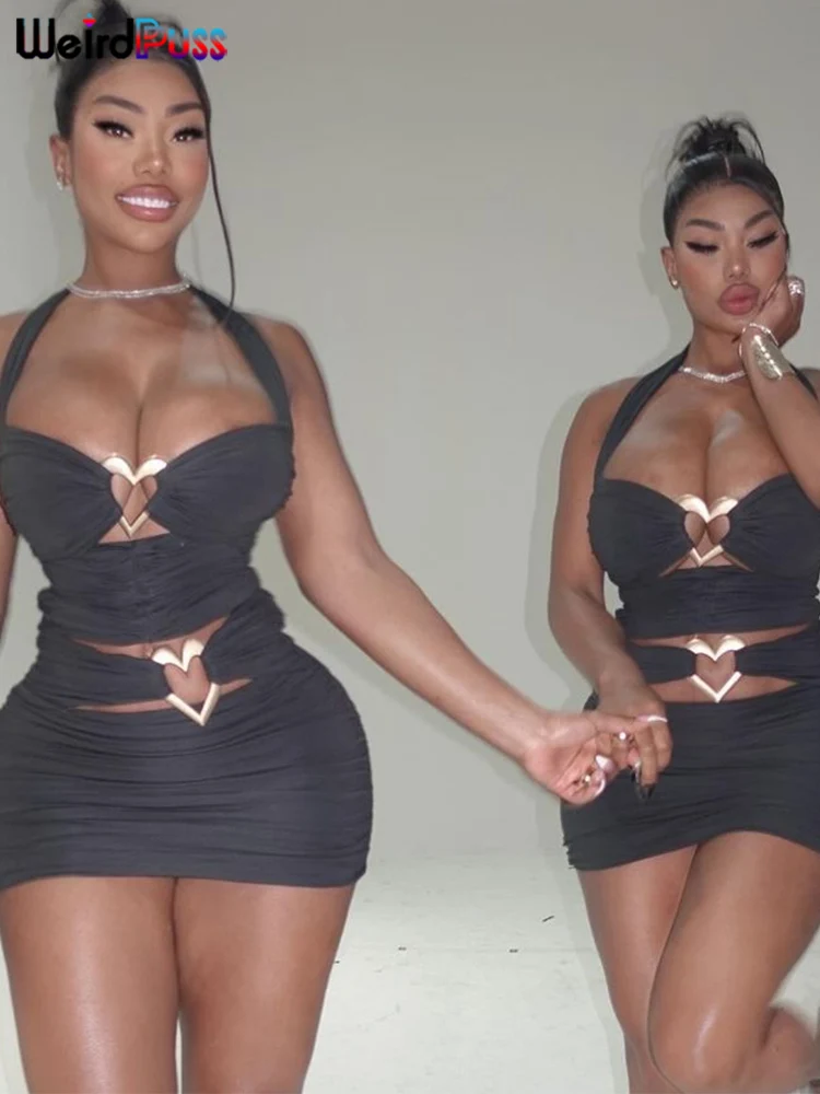 Weird Puss Peach Buttocks Dress Women Ruched Hollow Halter Backless Sexy Heart Metal Buckle Party Vacation Hipster Mini Bodycon 3