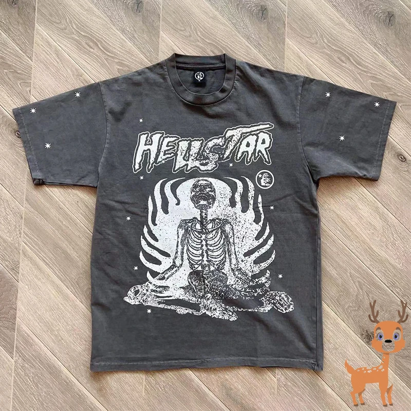 

Hellstar High Street Cotton Round Neck T-shirt Inner Peace Letter Printed Vintage Washed Black Short Sleeve for Men and Women