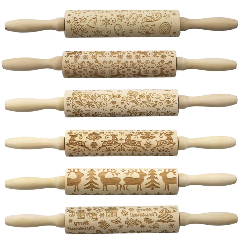 

Christmas Elk Rolling Embossing Printed Rolling Pin Wooden Engraved Rolling Pin Cookie Dough Stick Baking Biscuit Roller