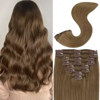 Straight Clip In Hair Extensions 100% Real Human Hair Color #8 Ash Brown Clip In Human Hair Extensions 120g/8pcs Natural Black