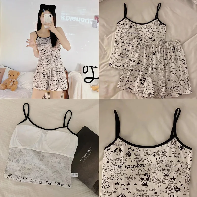 

Летняя Милая женская одежда Sanrios Hellokittys модные шорты Kawaii Мультфильм Удобная простая дышащая Пижама с круглым вырезом