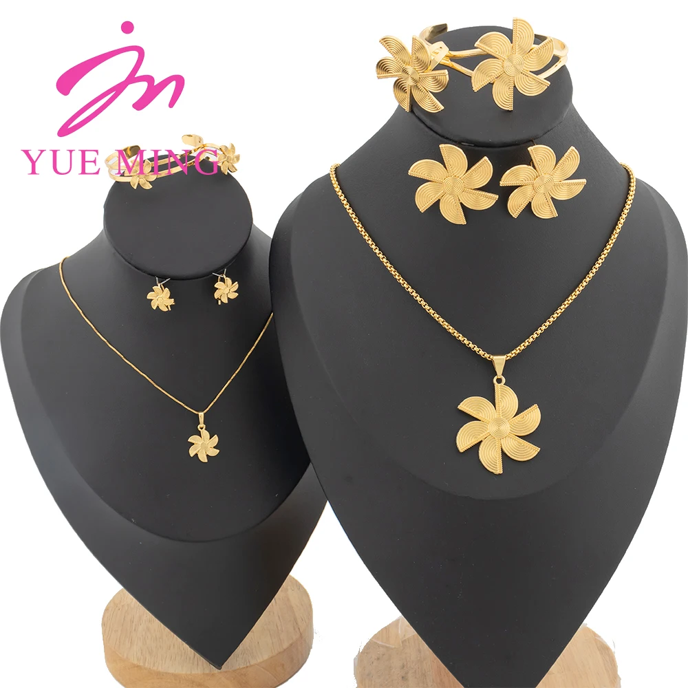YM 2Sets Jewelry Set for Women Kid Dubai Gold Plated Luxury Copper Necklace Earrings Cuff Bangles Ring Bride Wedding Party Gifts