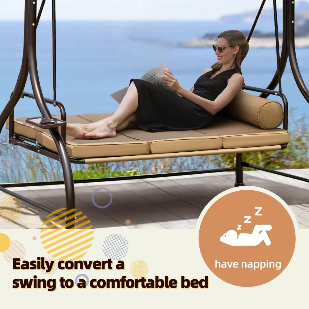 Outdoor Patio Swing with Hardtop, 3 Person Porch Swings with 2 Side Cup Holder, Convertible Backrest Swing Bed with Cushion 6