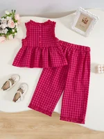 Ensembles de vêtements pour enfants chemise sans manches à carreaux rétro + pantalon Palazzo évasé 2 pièces ensembles enfants Boutique vêtements bébé fille tenue ensemble 5