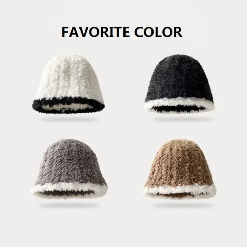 

Golexury 2023 New Faux Fur Knitted Bucket Hat Winter Warm Soft Comfortable Skullies Beanies Cap Women Outdoor Fashion Hat