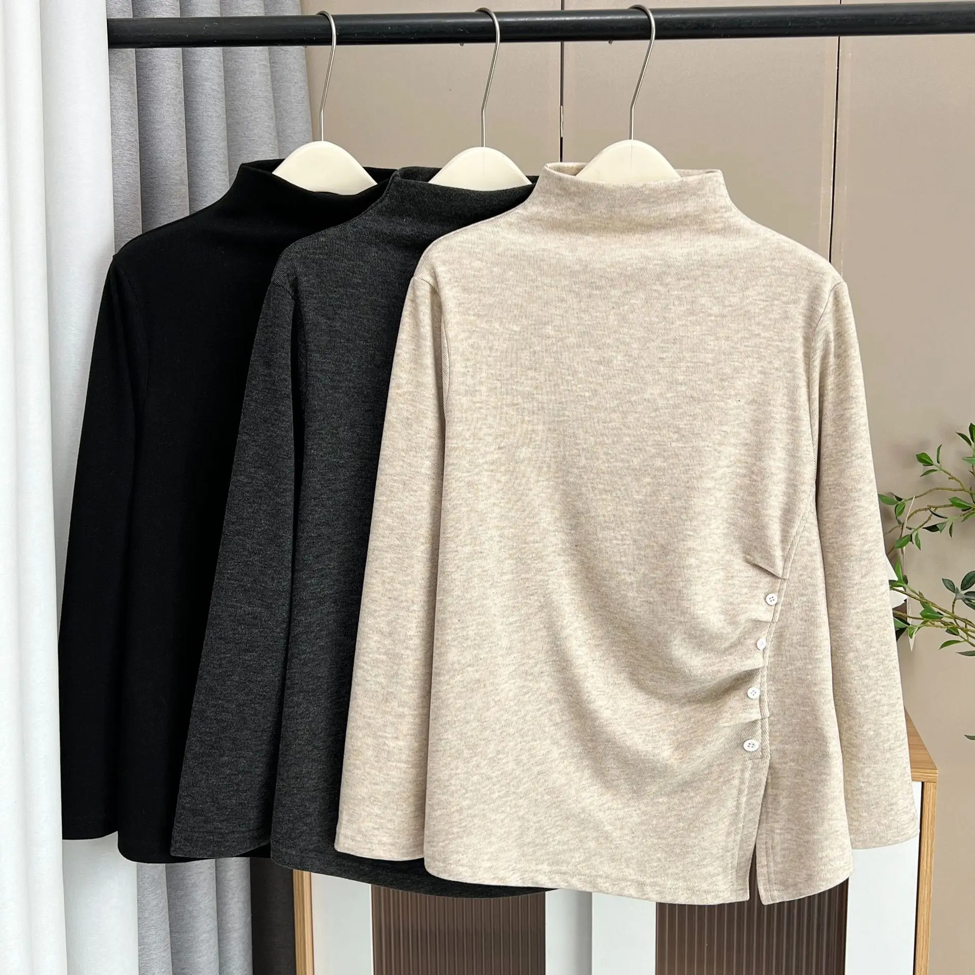 XXXXL Fashion Plus Size Women's T-Shirt New Autumn And Winter Style High Collar Pleated Slit Long Sleeved Tops 2521