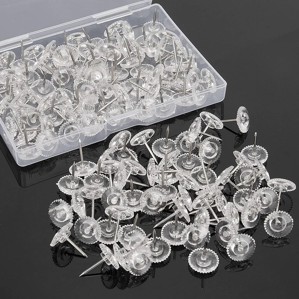 100PCS 명확한 엄지 압정 강철 포인트 및 헤드 압정 직물 마킹 사무실 조직을위한 투명 플랫 푸시 핀
