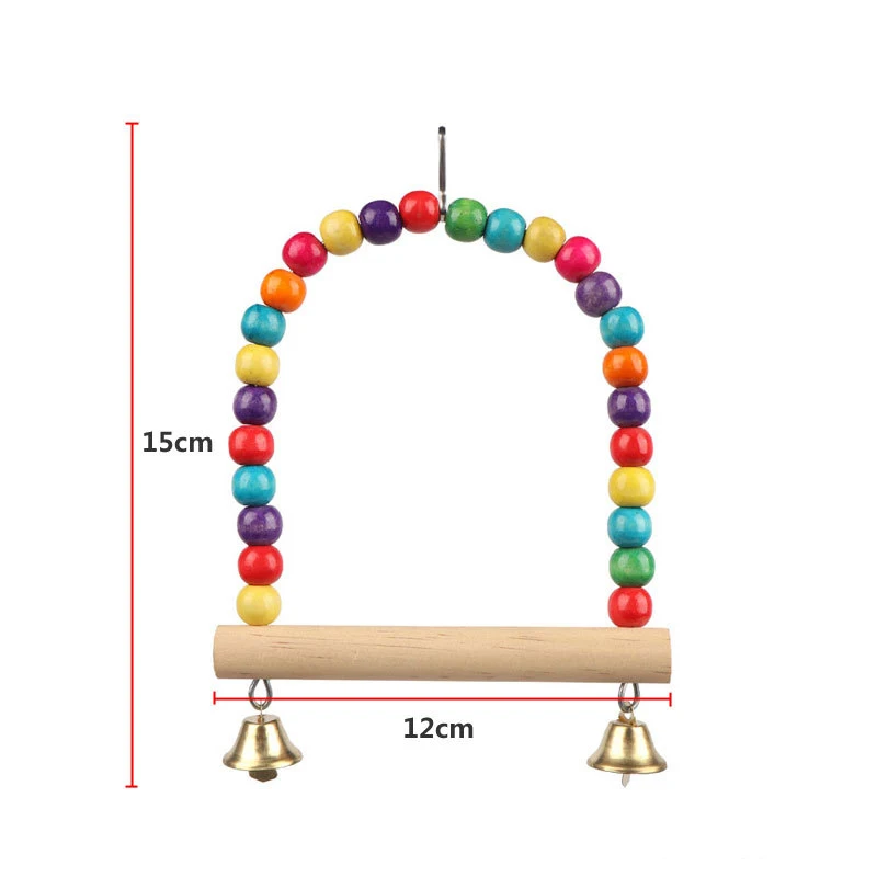 Durable Wooden Parrots Stand Swing Toy Birds Colorful Beads Bird Supplies Bells Toys Perch Hanging Swings Cage For Pets 1PC