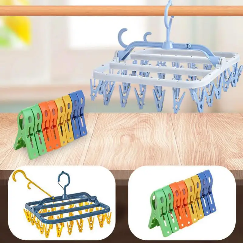 

8Pcs Large Plastic Windproof Hanger Clips Socks Clothes Pin 32 Clips Folding Drying Rack Household Storage Laundry Rack