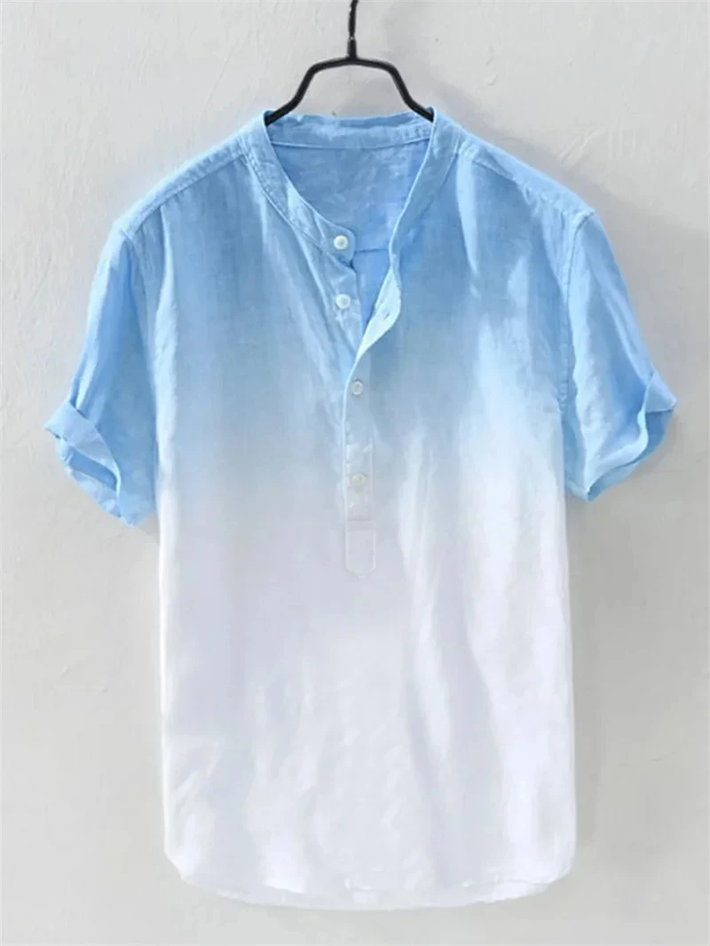

Men's Linen Solid Color Gradient Shirt Hawaiian Casual Vacation Summer Shirt Outdoor Street V-neck Short Sleeve White Blue