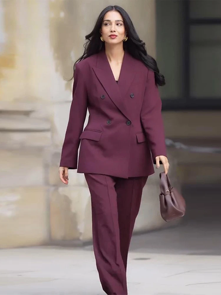 Fashion Lapel Jacket Long Pant Sets For Women New Double