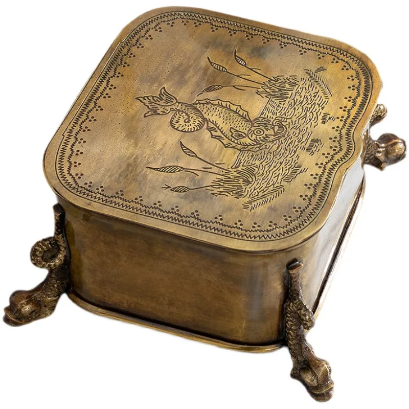 

Cosmetic Jewelry Box Antique Brass Carved Four Legs Bathroom Storage Organization Tea Table Decoration Candy Indian Style