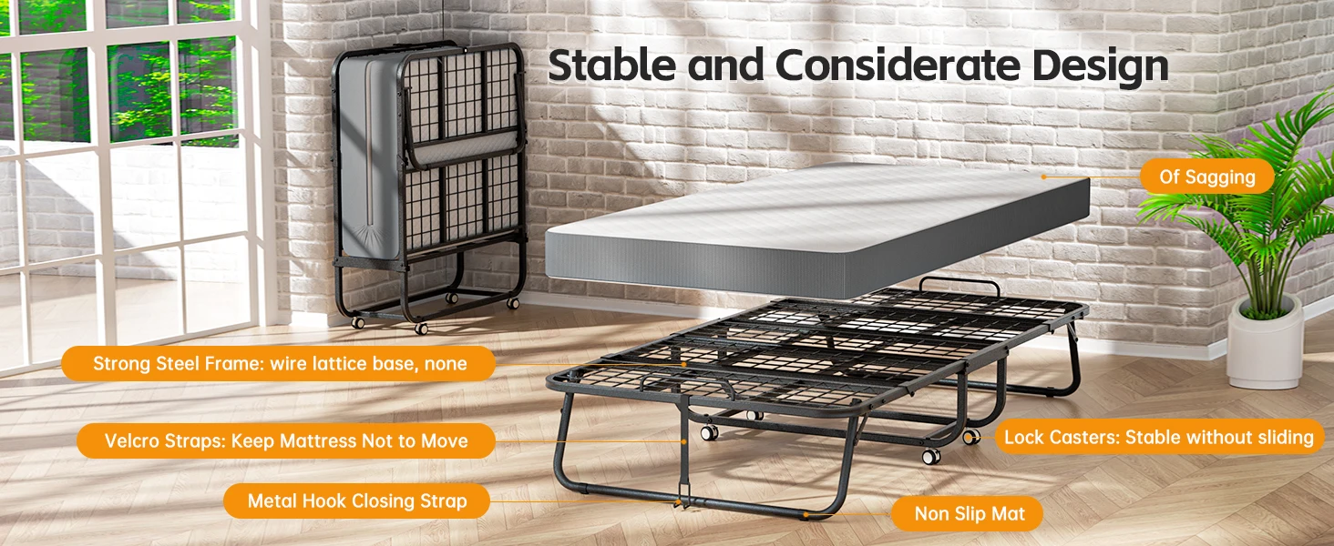 Description Picture 5 of itemBed with 5” Mattress, 75" x 38" Twin Folding Bed for Adults, Portable Foldable Twin Bed, Fold up Guest Bed with Study Metal Fram